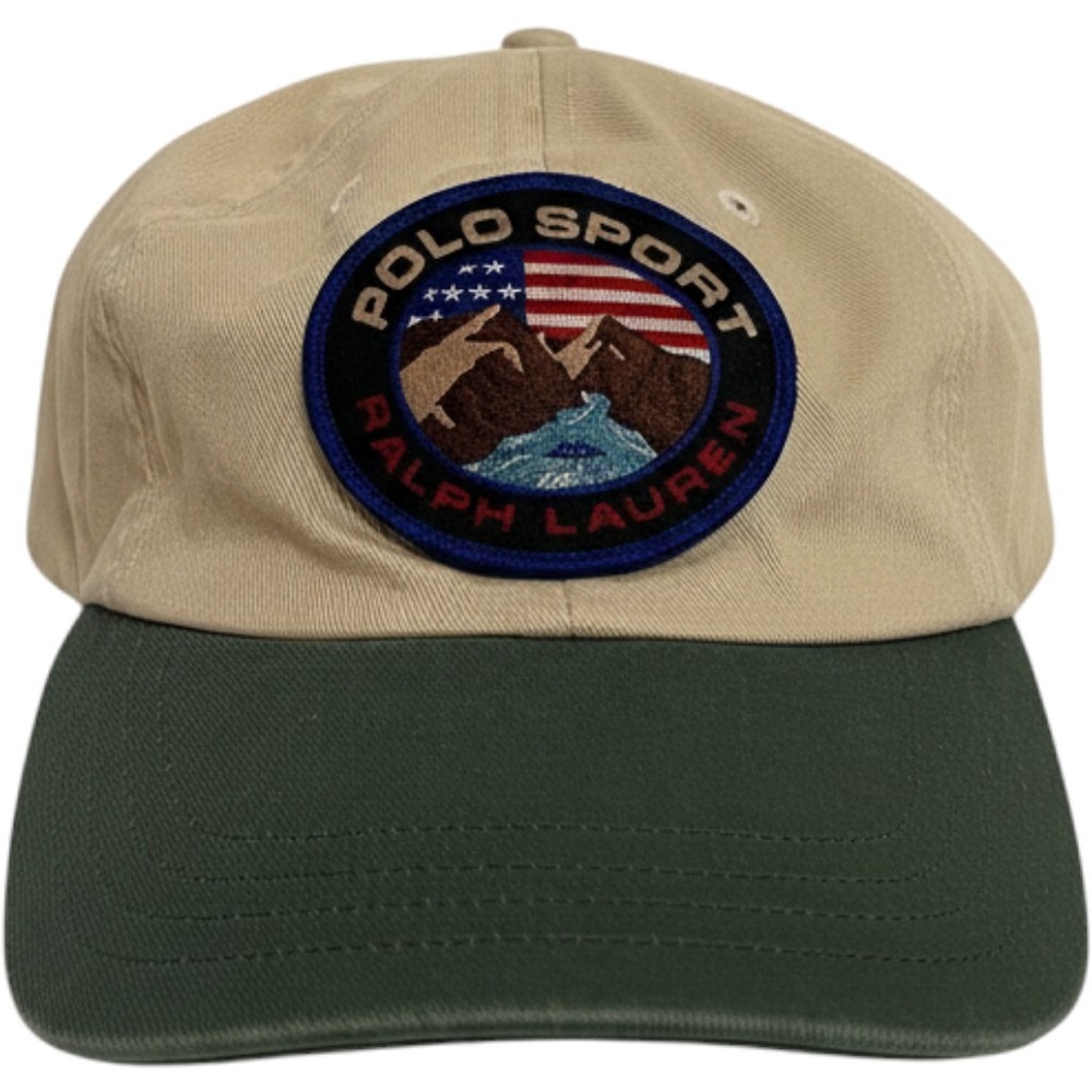 Polo Sport Ralph Lauren Vintage Mountain Patch Hat Tan Green Strapback Cap